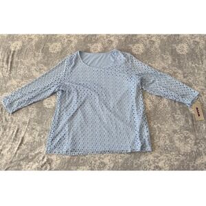 ALIA Womens Lace Overlay Top Light Blue 3/4 Sleeve Round Neck L